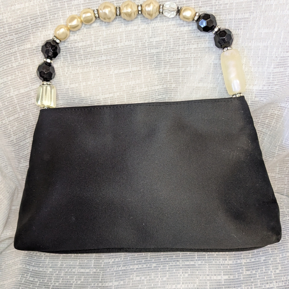 Vintage Caché Black Satin Evening Bag - Faux Pearl & Onyx Beaded Handle